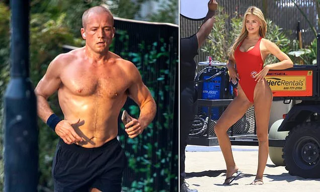 Taron Egerton brushes off his recent split from Brooks Nader as he goes for a shirtless jog during heatwave - and she shows him what he's missing in her Baywatch swimsuit