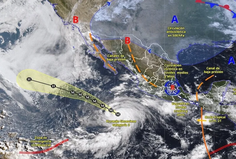 Hurricane Genevieve gathers strength offshore, casting stormclouds over most of Mexico