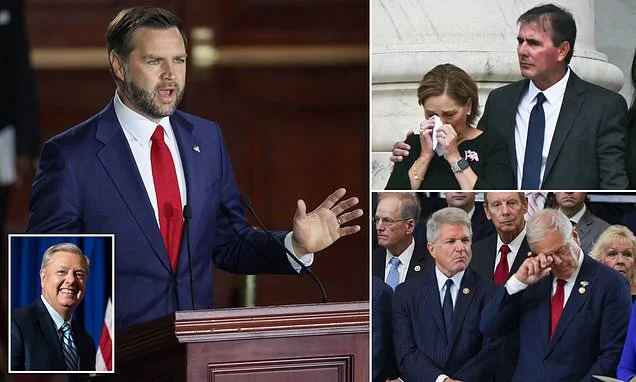Teary-eyed lawmakers give Lindsey Graham somber final salute at the Capitol... as JD Vance lightens mood with jest