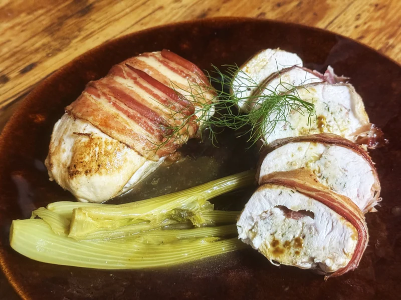 WHAT’S COOKING: Pancetta-wrapped chicken parcels with a fennel forcemeat stuffing