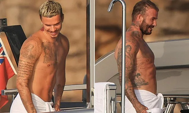 Shirtless Romeo Beckham, 23, looks just like his famous dad David, 51, as they show off their tattooed torsos in matching towels - after trolling Cruz for those tight white pants in Ibiza