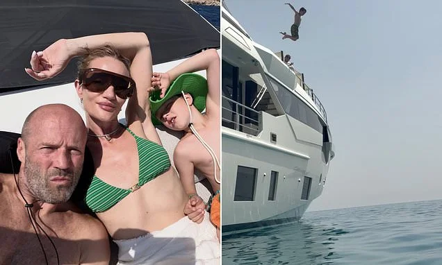 Bikini-clad Rosie Huntington-Whiteley cosies up to fiancé Jason Statham in rare family holiday snaps while their son Jack, 9, proves he's just like his action hero dad as he jumps off yacht