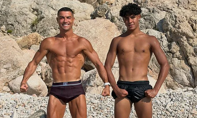 Cristiano Ronaldo poses shirtless with his lookalike son, 16, and teases him with cheeky caption ahead of rumours he's set to wed Georgina Rodriguez
