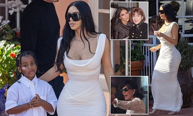 Kim Kardashian slips into glamorous white gown as she joins mom Kris and family at late grandmother's celebration of life... before heading back to LA on private jet