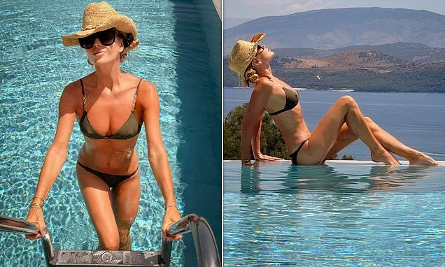 Amanda Holden, 55, shows off her age-defying figure in a tiny green bikini as she soaks up the sun in Corfu