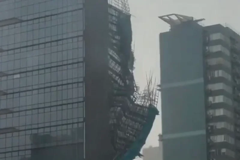 Scaffolding collapses from high-rise building as Typhoon Noul looms over Hong Kong