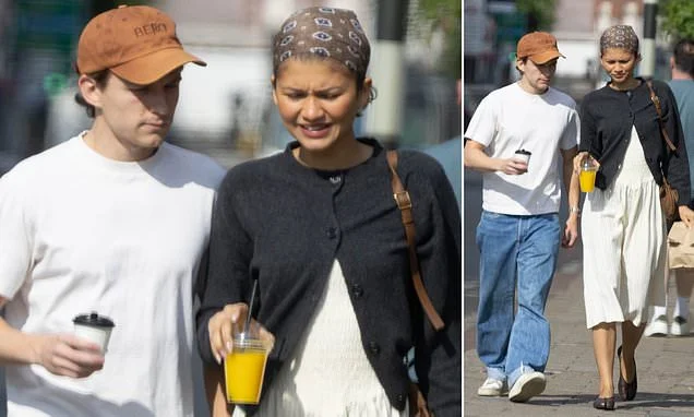 Zendaya wears a silk headscarf and summery dress as she and Tom Holland take a break from the red carpet for low-key lunch in Richmond