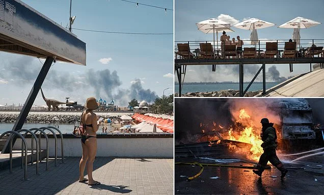 Ukrainian tourists sunbathe as Putin's bombs rain down near Black Sea beach resort