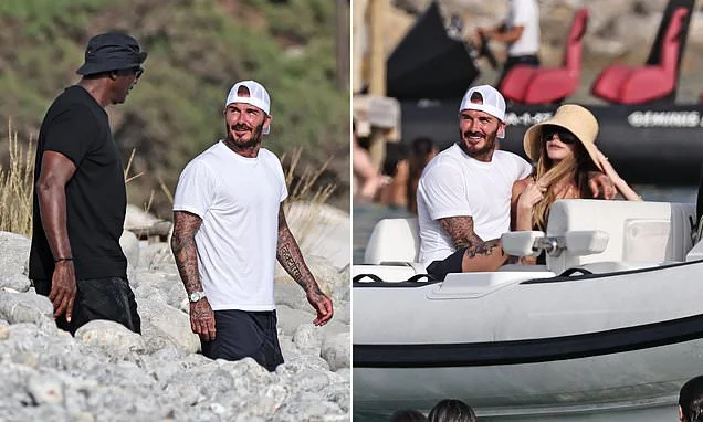 David Beckham enjoys a swanky lunch with fellow sporting icon Michael Jordan in Ibiza after a sweet PDA moment with wife Victoria while they leave their £16 million yacht