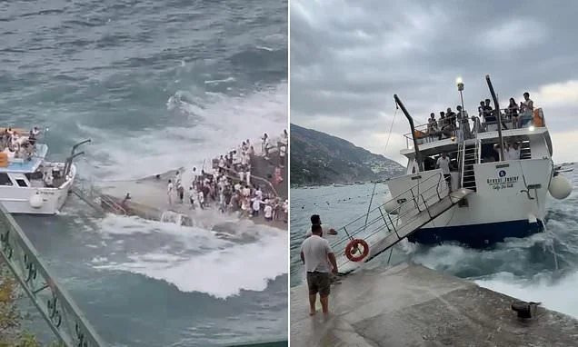 Brit tourists watch on in horror as waves slam packed ferry against a pier on the Amalfi Coast