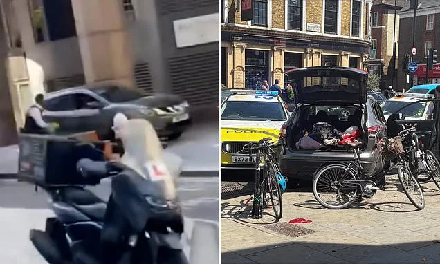 Moment driver swerves past police in chase before crashing and 'spinning around' in front of shopping centre - as injured man and woman are arrested