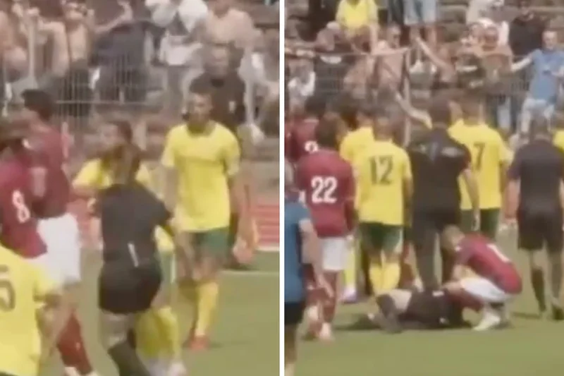 Female football referee concussed after being knocked over by players during brawl