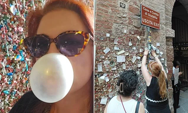 US trend for sticking chewing gum at tourist sites lands in Europe's historic cities - but doctors warn visitors they're creating 'walls of bacteria'