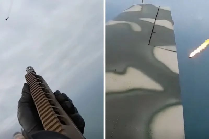 Ukrainian rear gunner shoots down attack drones with rifle from open cockpit