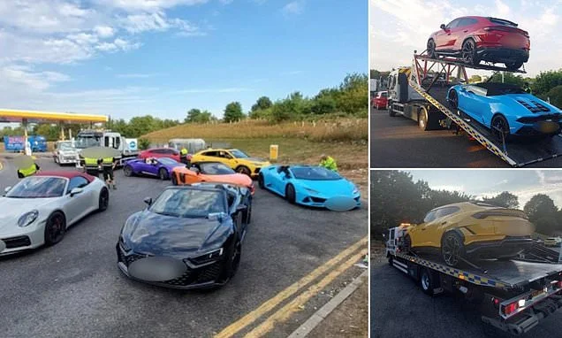 Lamborghinis, Ferrari and Porsche are among 13 supercars seized by police after drivers turned motorway into rush hour racetrack