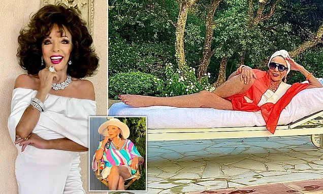 Joan Collins, 93, looks incredible in a glamorous white dress and diamonds before showing off her legs by the pool at her St Tropez villa after revealing her secrets to her age-defying appearance
