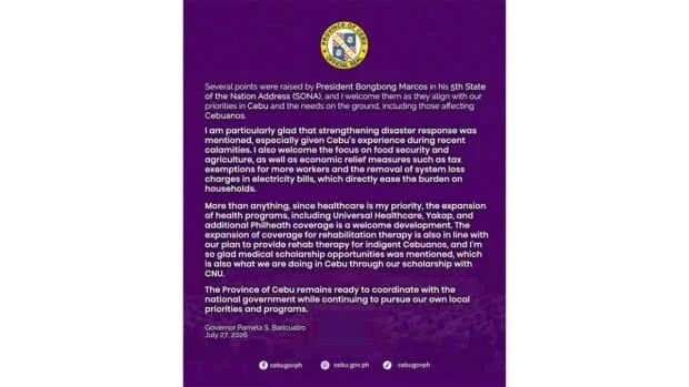 Cebu governor backs Marcos' 5th Sona
