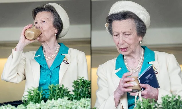Thirsty work! Princess Anne eschews the fancy options as she sips from a tumbler while watching the racing at Ascot
