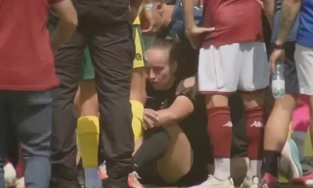 Female referee left concussed after being knocked over by brawling men's players during melee in match in France