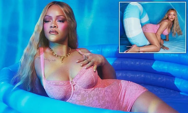Rihanna shows off her incredible curves in pink lace corseted lingerie as she promotes her new Savage x Fenty range