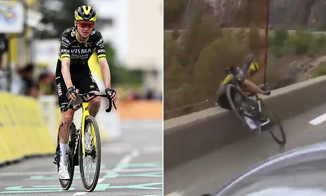Terrifying moment American cyclist narrowly avoids fatal crash over cliff during Tour de France