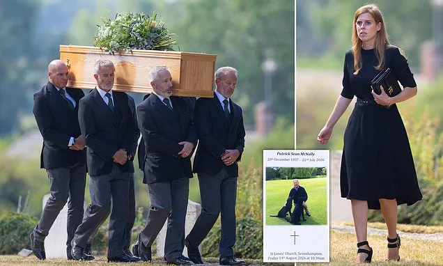 Princess Beatrice attends the funeral of her mother's colourful millionaire ex Paddy McNally in Wiltshire - but where is Fergie?