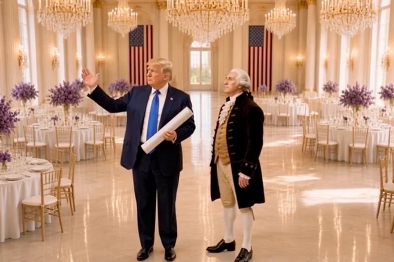 Trump bizarrely chats with President Washington in AI ballroom tour