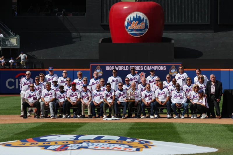 Members of the 1986 World Series champion Mets celebrate the 40th anniversary of team’s last title
