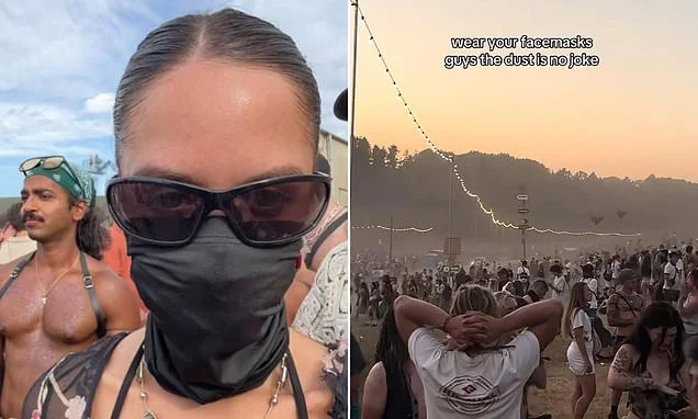 British festivalgoers are being forced to wear face masks after the record dry summer sparks 'apocalyptic' plumes of dust