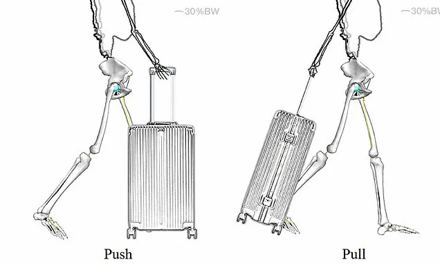 What a drag: Shocking images reveal the strain PULLING a suitcase has on your body - as experts advise pushing your cases instead
