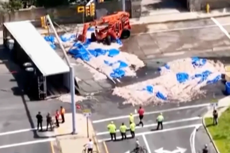 Truckload of squid spills into the street in Rhode Island, creating a smelly mess in the summer heat