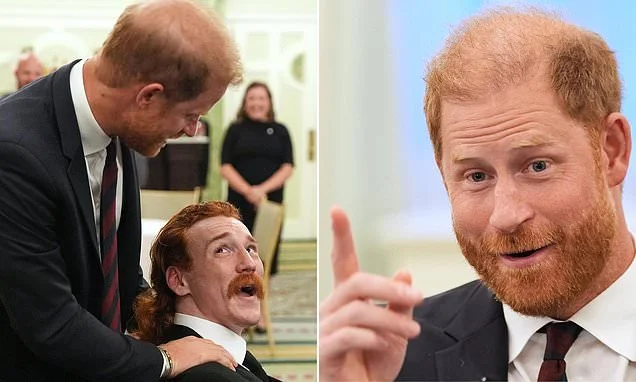 Beaming Harry looks delighted as he breaks cover just hours after return to the UK was revealed (and shares a laugh with a fellow red head)