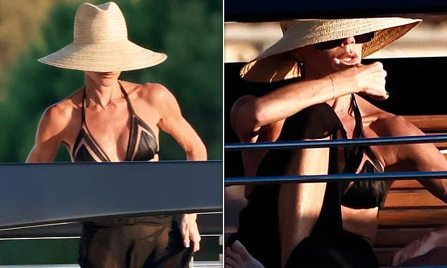 Victoria Beckham shows off her gym-honed figure in a black bikini top as she relaxes in St Tropez with husband David on their £16M yacht - after near run-in with estranged son Brooklyn
