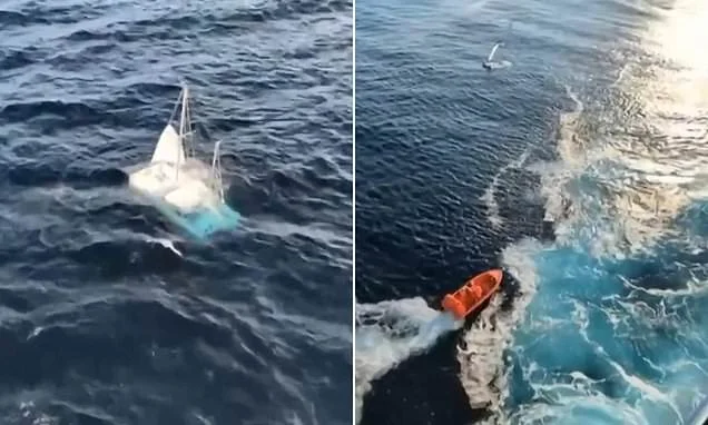 Moment Brit tourists spot deserted sinking yacht off French coast during ferry trip from the UK sparking hunt for missing sailors