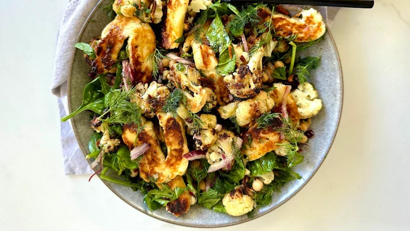 Sarah Pound’s roasted cauliflower, chickpea and golden halloumi salad