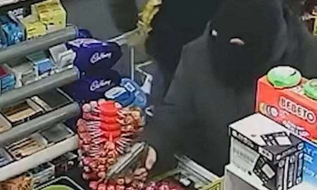 Moment squabbling robbers put on fake Liverpool accents and tell shopkeeper 'sorry love' as they apologise during bungled armed raid