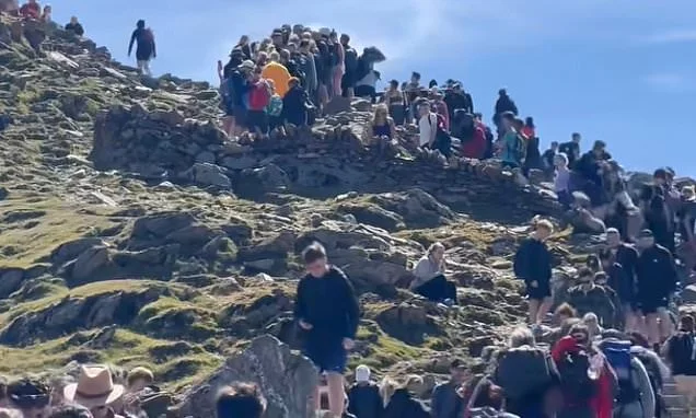 'Wouldn't go if you paid me': Fury as Snowdon is overrun by crowds - with hikers comparing summit scenes to a 'theme park'