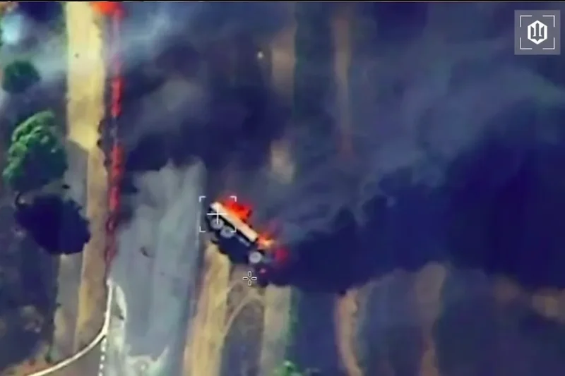 Extraordinary footage shows Russian fuel trucks burst into flames after Ukrainian drone strike