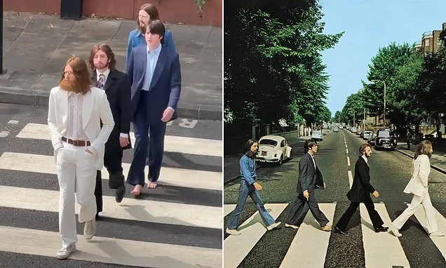 Beatles' biopic stars Barry Keoghan, Paul Mescal, Joseph Quinn and Harris Dickinson recreate Abbey Road album cover after the council tried to block filming at the iconic location