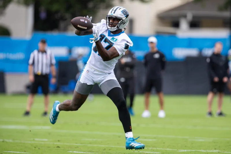 Panthers wide receiver Xavier Legette carted off the field with an upper body injury