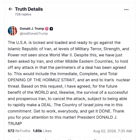 Trump says cancelled attack on Iran subject to Hormuz opening, end to 'nuclear threat'