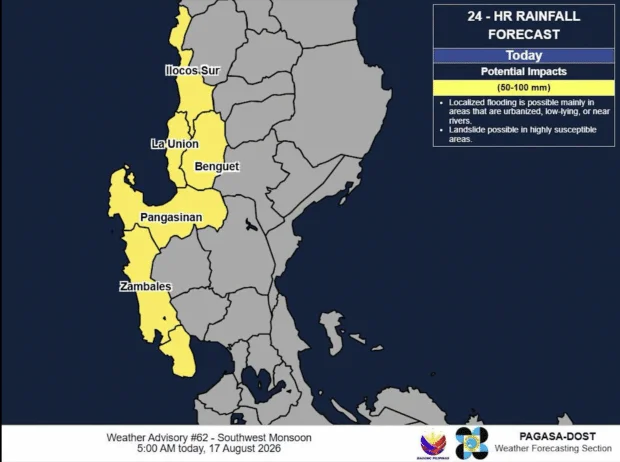 Heavy rainfall expected in parts of Luzon on Monday (Aug. 17)