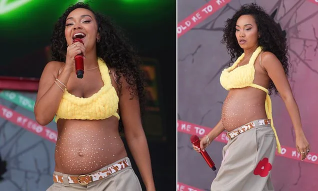 Pregnant Leigh-Anne Pinnock bedazzles her bare baby bump as she performs in a yellow bra at Brighton Pride