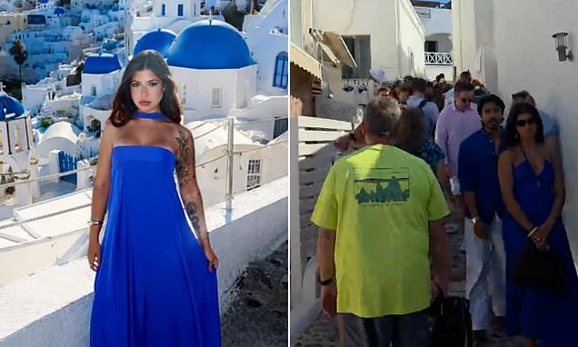 Santorini's tourism invasion: Videos show 'Instagram island' overrun by holidaymakers as unbearable queues form at 7am to reach prime selfie spot