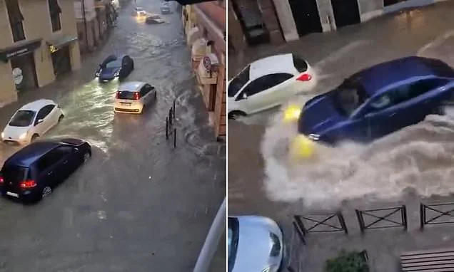 Roads turn to rivers as Italian tourist town is hit by flash floods - with Europe bracing for storms after brutal heatwaves