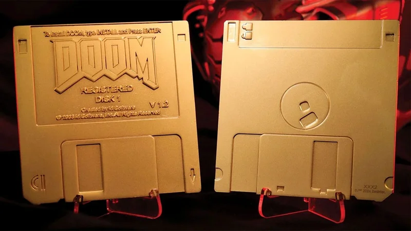 Commemorative golden Doom floppy disks go up for pre-order —  pair of limited edition dummy ‘imitation gold plating’ disks and a box are $30 at GameStop