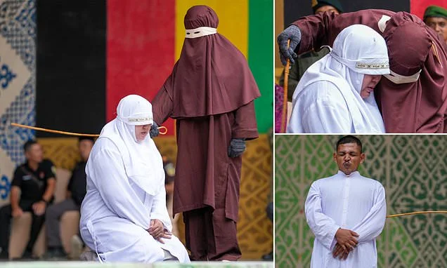 The caning so severe even the flogger took pity: Four people are whipped a HUNDRED times each for adultery before 'algojo' whispers support to one woman