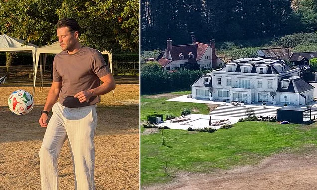 Mark Wright pointedly shares family photos on a scorched lawn after the very green grass at his Essex mansion led to accusations he had flouted the hose pipe ban - but he's immediately rumbled by fans