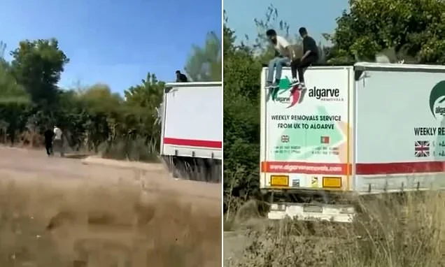Moment illegal migrants climb out of lorry from Spain in Essex after 'slicing their way through roof to sneak through security at Calais'