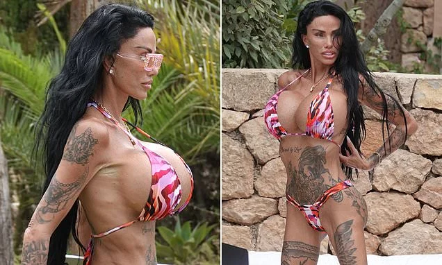 Katie Price showcases the full extent of her surgically-enhanced cleavage in a tiny string bikini as she continues to soak up the sun in Ibiza